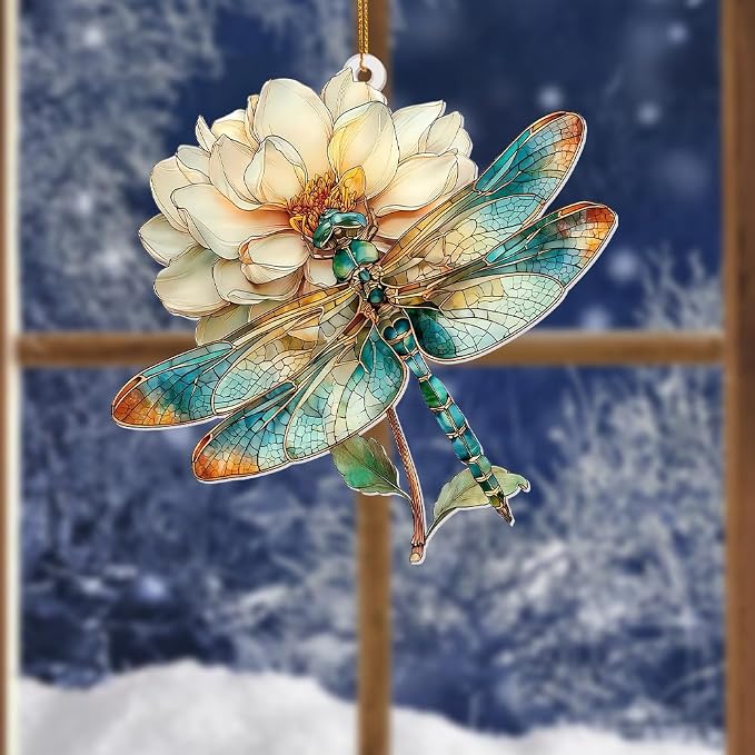Dragonfly Ornament Stained Glass Style – Acrylic Window Hanging Suncatcher with Flower, Dragonfly Gifts for Women, Christmas Tree Ornament, Whimsical Home & Garden Décor(Sun-21)
