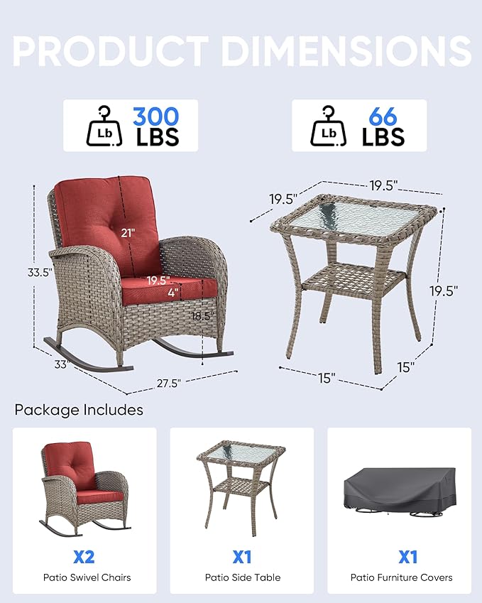 Outdoor Rocking Chairs Set of 2-Patio Table and Chairs Set Outdoor Conversation Furniture Sets for Deck Porch Garden Balcony Poolside-Grey/Red