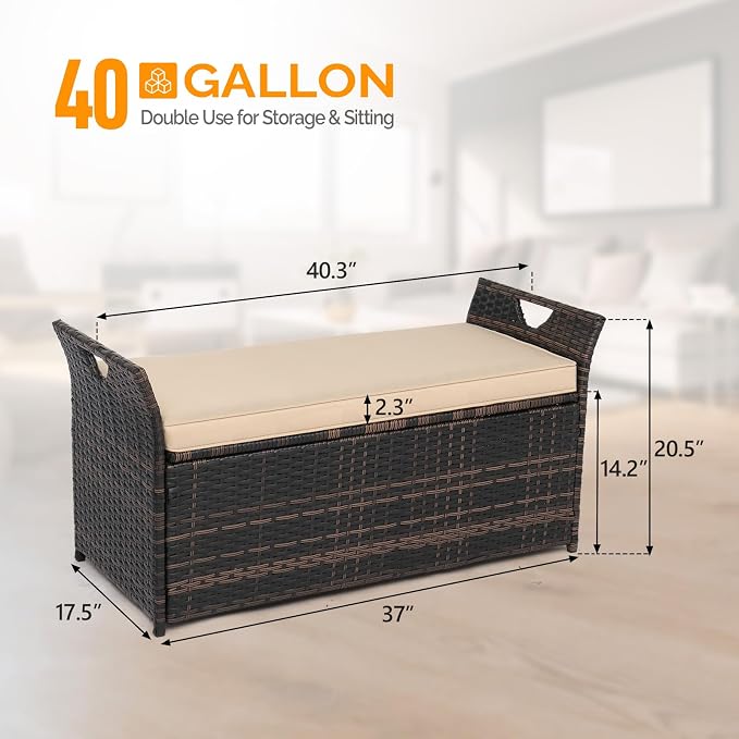 VINGLI 40 Gallon Outdoor Storage Bench with Cushion, Rattan Storage Box, Patio Wicker Deck Box with Seat for Garden | Balcony | Porch | Pool | Yard (Brown Frame + Beige Cushion)
