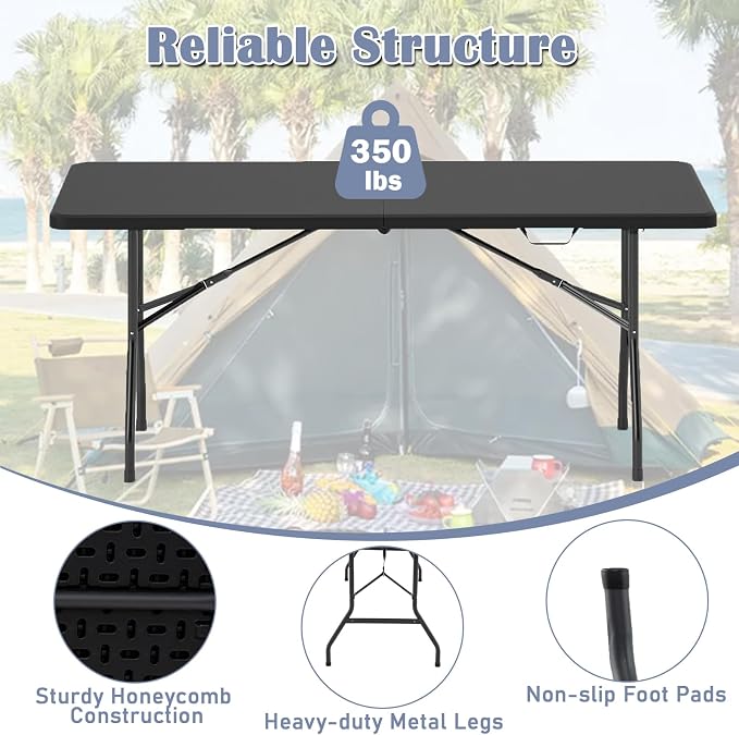 Tangkula 6 FT Folding Table, Indoor Outdoor Foldable Plastic Table with HDPE Tabletop, Sturdy Metal Fame, Carrying Handle, Heavy Duty Portable Fold-in-Half Picnic Table for Camping BBQ Party