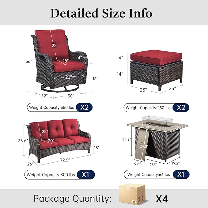 Patio Furniture Set with 41" Fire Pit Table - High Back Patio Conversation Set with 4 Inch Thick Cushions and Deep Seating Swivel Glider Chairs & Outdoor Couch for Porch Deck Yard Pool Brown