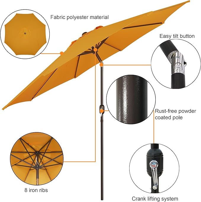 Blissun 9' Outdoor Patio Umbrella, Outdoor Table Umbrella, Yard Umbrella, Market Umbrella with 8 Sturdy Ribs, Push Button Tilt and Crank