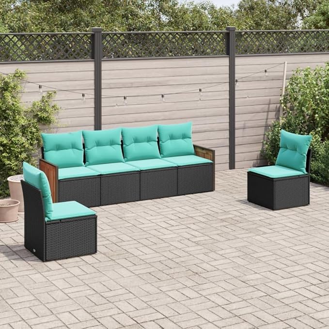 6 Piece Patio Sofa Set with Cushions, Outdoor Dining Sets Garden Lounge Set Patio Conversation Set Outdoor Sofa Sets for Poolside Piazza Negotiation Area Garden Black Poly Rattan