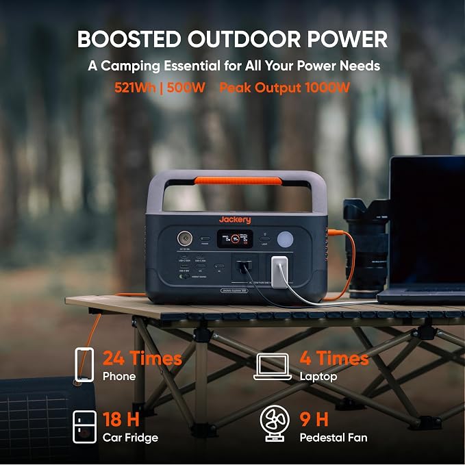 Jackery Explorer 500 v2 Portable Power Station, 512Wh LiFePO4 Battery, 500W AC (1000W Surge), Solar Generator for Camping, Home Backup, UPS, 14 lbs Lightweight, 6000 Cycles, Fast Charging