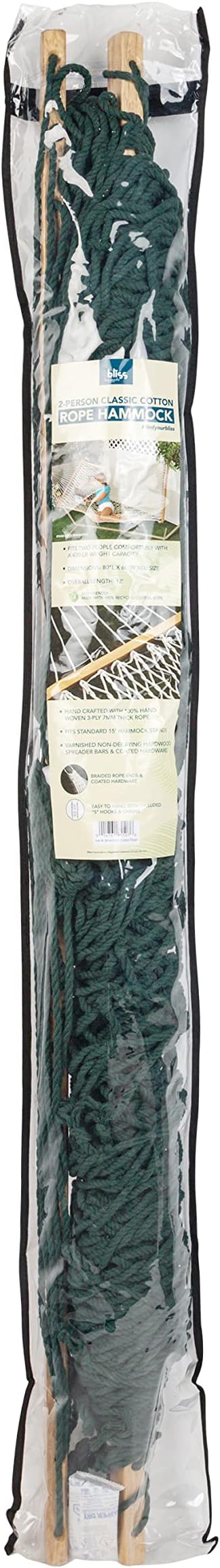 Bliss Hammocks BH-410GR 60in Wide Cotton Rope Hammock, Indoor Outdoor Poolside Patio Backyard Hammock, Includes Chains & Hooks, Eco Friendly Polyester, Hardwood Spreader, 450 Pound Capacity, Green