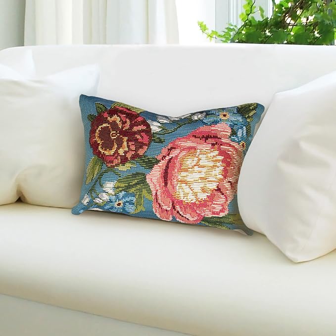 Liora Manne MARINA Indoor/Outdoor Power Loomed Easy Care Pillow - Traditional Graphic Botanical Floral Accent (Secret Garden Aqua) (12" x 18")