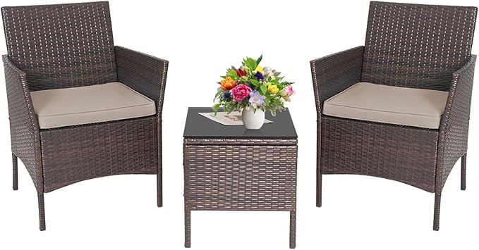 3-Piece Outdoor Wicker Conversation Bistro Set Outdoor Patio Porch Furniture Sets for Yard, Garden with 2 PE Rattan Wicker Chairs, 2 Cushions,1 Coffee Table