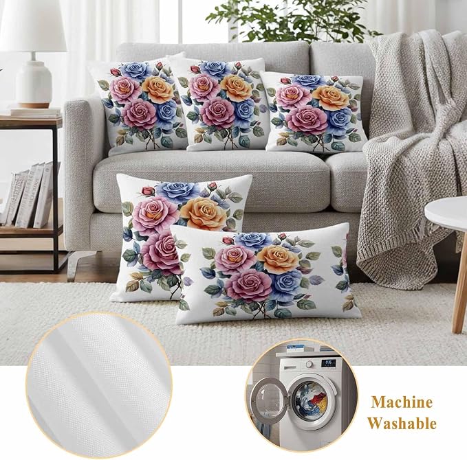 Spring Rose Outdoor Waterproof Throw Pillow Covers Set of 2, 20"x20", Botanical Watercolor Pink Orange Blue Flower Leaf Decorative Pillow Covers Outside Cushion Case for Patio Porch Garden
