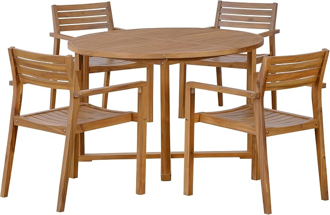 5 Pieces Outdoor Acacia Wood Dining Table Set with 47.2" L Slatted Round Table and 4 Chairs, Modern Patio Dinner Set with Cushions for Backyard, Lawn, Garden, Poolside or Indoor, Natural