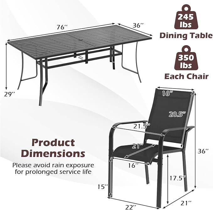 Tangkula 9 Pieces Patio Dining Set for 8, Outdoor Rectangular Table and Stackable Chairs with Umbrella Hole, Outside Furniture Set for Backyard, Garden and Deck (Black)