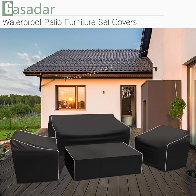 Gasadar Outdoor Furniture Cover Waterproof, 4 Piece Patio Furniture Covers for Patio Loveseat, Chair and Coffee Table, Heavy Duty 600D, Black