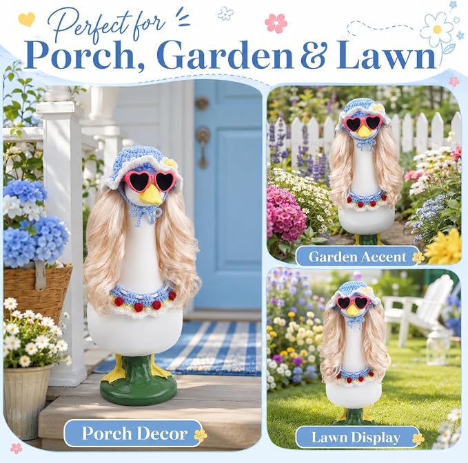 Porch Goose Wigs Blonde 1 Pack with Blue Knit Hat and Scarf Set Porch Goose Blonde Long Wigs Blue Style Outdoor Decor for Lawn Goose Statues