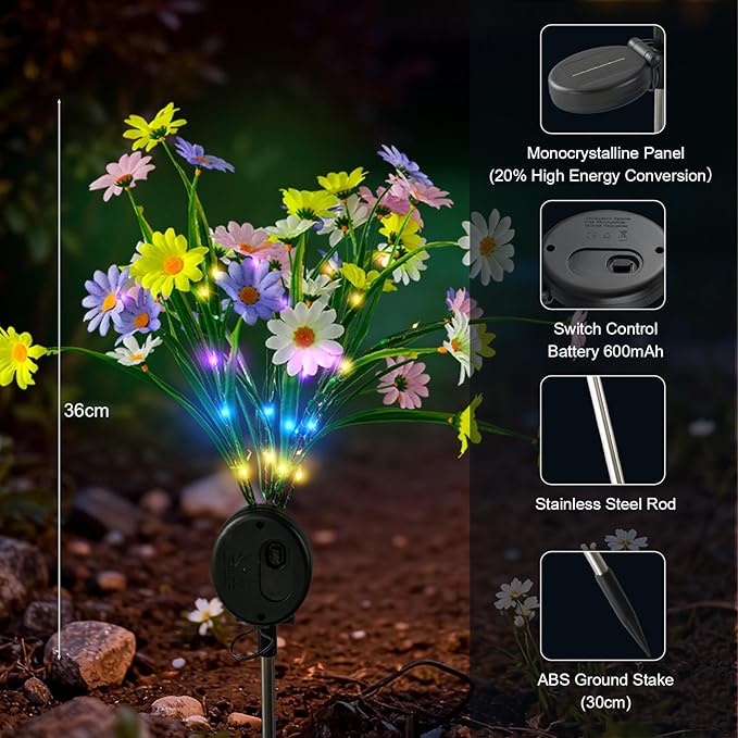 Solar Flowers Path Lights Outdoor 4 Pack, LED Chrysanthemum Decor, Waterproof Auto On/Off, Bigger Solar Panel for Yard, Patio, Garden Walkway Decoration Gift for Mom (Colour)
