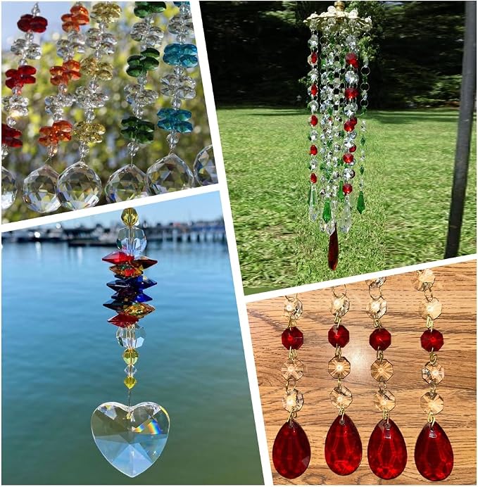 1 Box 120Pcs 14mm Crystal Glass Octagon Beads 2 Hole Crystal Prism Beads Red Glitter Chandelier Replacement Connector Suncatcher Faceted Spacers for DIY Lamp Hanging Ornament Pendant Adults