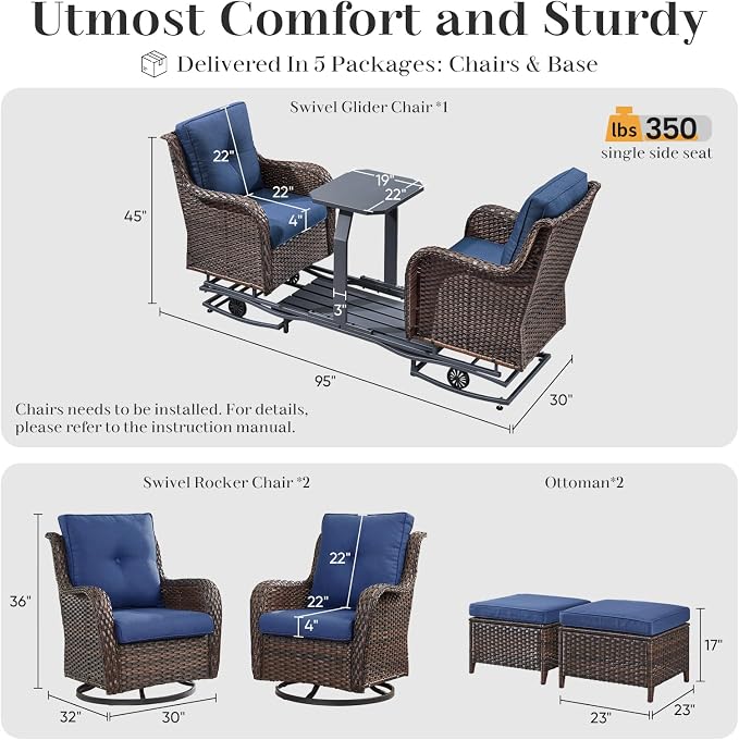 Rilyson Luxury Wicker Outdoor Conversation Set with Glider Rocker Chairs, 5 Pieces Patio Furniture Set with Rattan Swivel Rocker Chairs and Ottomans All Weather Brown/Blue