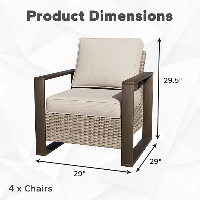 Joyside Outdoor Patio Chairs Set, 4 Pieces Wicker Rattan Chairs with Metal Wide Armrest, Thick Cushions and Deep Seating for Garden, Backyard, Porch, Deck