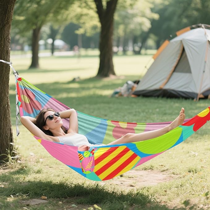 Colorful Geometric Shapes Red Flowers 330lb Capacity Outdoor Hammock Tree Hammock for Outside Camping Essentials hamacas para adultos