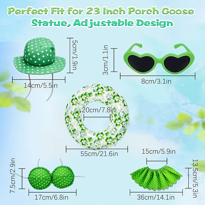 Hawaiian Porch Goose Outfit, Summer Bikini Costume with Sunglasses & Wreath, Fits 23" Goose Statue, Garden Lawn Patio Yard Outdoor Decoration (Green)