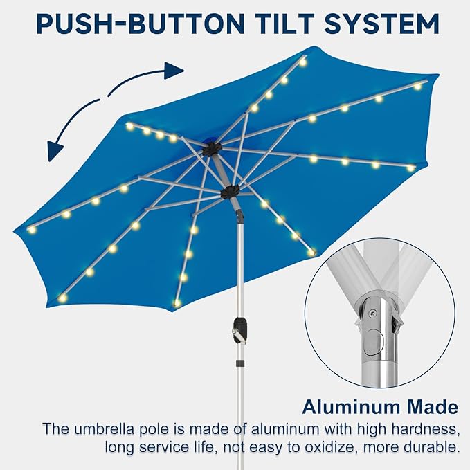 9FT Aluminum Patio Umbrella with 40-LED Solar Lighted, Fade-Resistant Outdoor Market Table Umbrella with Push Button Tilt Function, 8 Sturdy All-Aluminum Ribs for Gardens, Decks, Backyards & Pools