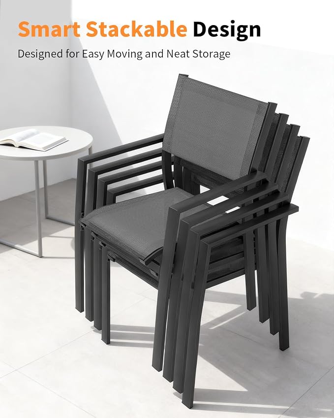 5 Pieces Outdoor Dining Set, Never-Rust Aluminum Expandable Patio Dining Table Set, 32"-65" Extendable Dining Table and Stackable Textilene Dining Chairs for Backyard, Deck, Indoor, Black