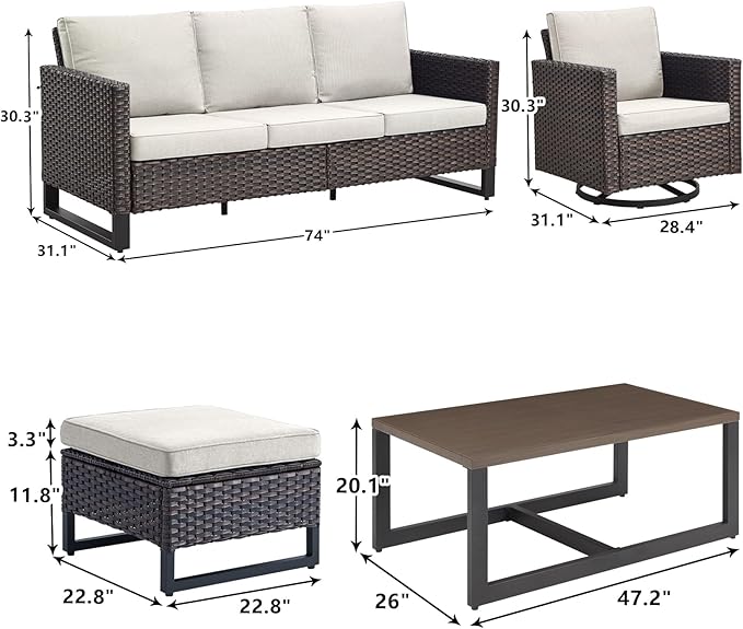 Rilyson Wicker Outdoor Patio Furniture Set - 6 Piece Patio Conversation Set with 2 Swivel Rocker Chairs,2 Rattan Ottoman,1 Couch and 1 Metal Coffee Table for Outside Porch Deck Backyard(Brown/Beige)