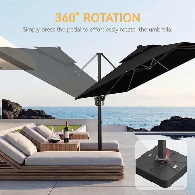 10x13 FT Patio Umbrella with Base, Large Cantilever Rectangular Double Top Heavy Duty Offset Umbrellas with 360° Rotation, Outdoor shade for Garden Deck Pool Patio, Black