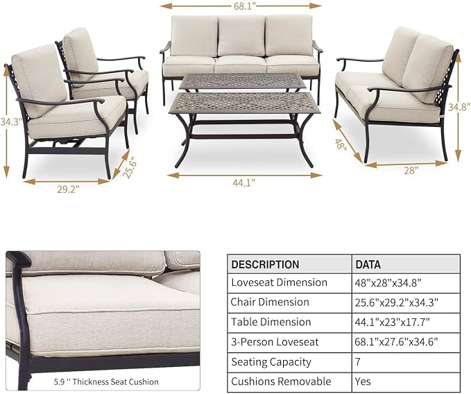 Patio Conversation Set 6 Pieces Outdoor All Weather Furniture Seating Sets with Beige Thick Cushions
