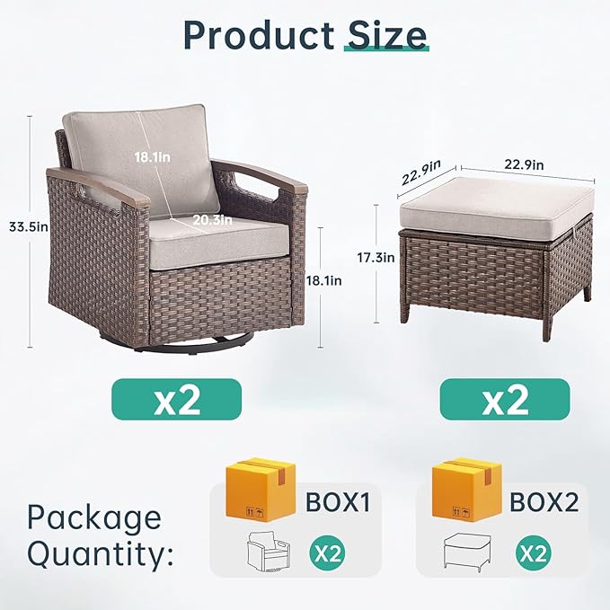 Luxury Outdoor Swivel Rocker Patio Chairs with 2 Ottomans - 4 Piece Heavy Duty Furniture Set All Weather Wicker Conversation Set with Cofort Thick Cushion for Porch Poolside and Deck - Beige