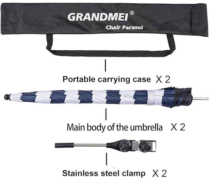 2 Pack Classic 46 Inch D-Blue Portable Umbrellas with Universal Clamp for Patio, Beach, Wheelchair, Golf Carts (Excluding chairs)