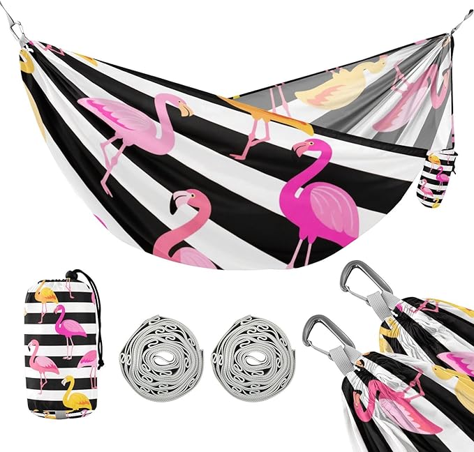 Black and White Striped Flamingo 330lb Capacity Hammocks with Tree Straps Backyard Hammock for Outside Patio Garden Base de hamaca para adultos