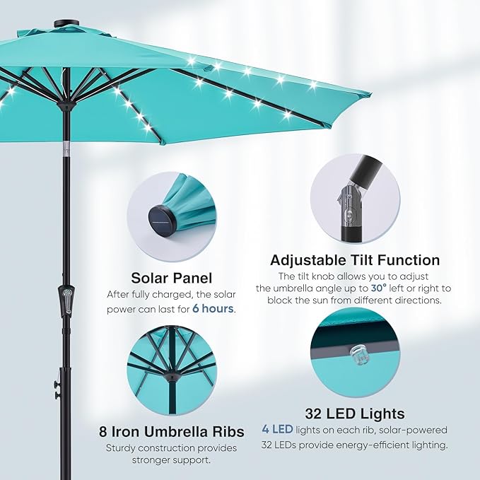 DUMOS LED Outdoor Patio Umbrella 10 FT UV-Resistant Market Umbrella with Tilt Adjustment & Crank Lift, All-Weather Shade for Backyard, Deck, Garden, Beach