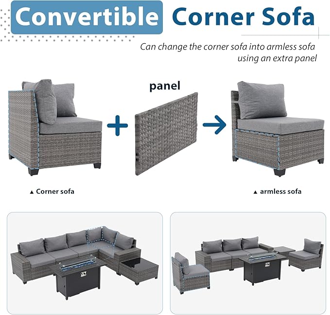 JOIVI 7-Piece Outdoor Set with Fire Pit Table - Versatile Wicker Sofa Set Arrangement with Blue Glass Beads & Safety Features, 2 Color Cushion Covers Available, Ideal for Outdoor Entertainment