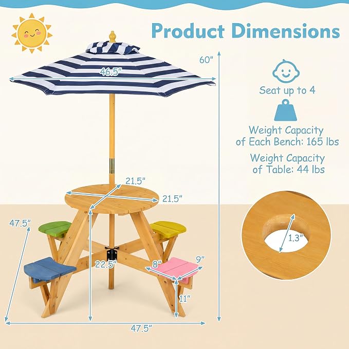 HONEY JOY Kids Picnic Table, 4-Person Fir Wood Toddler Round Outdoor Table & Chair Set, Adjustable Umbrella, Wooden Children Outdoor Furniture for Patio Backyard Lawn Garden, Natural