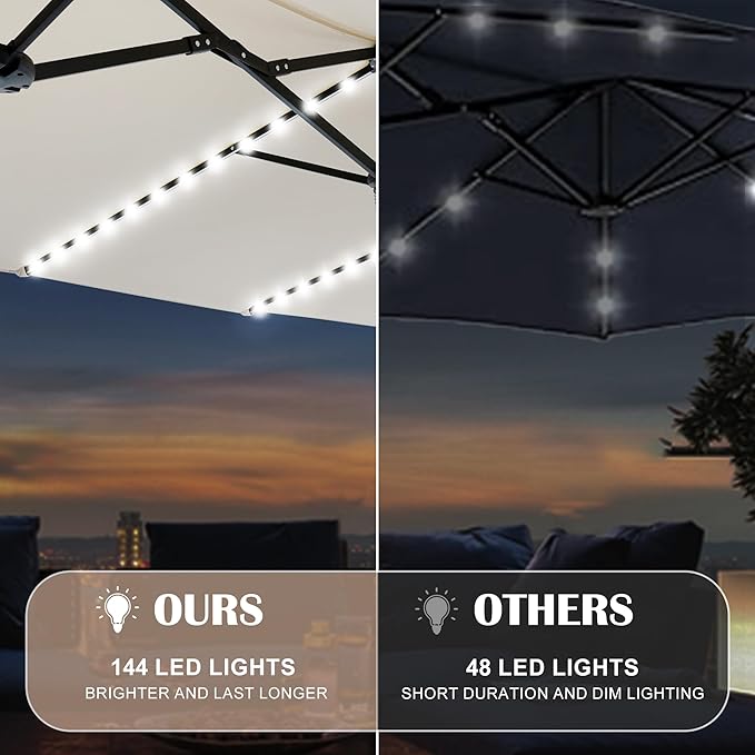 Sundale Outdoor Solar 15 ft 144 LED Olefin 5-Year-Non-Fading Patio Umbrella with Sandbag Base Included and Cover, Outdoor Double-Sided Umbrella with Lights