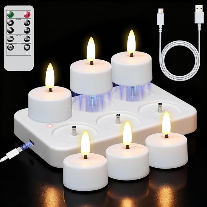 Rechargeable Tea Lights Candles with Remote Timer & Charging Base, 6pcs Battery Operated LED Candles Tea Lights Flameless for Halloween Decorations Wedding Home DecorΦ 1.57" H 1.85"
