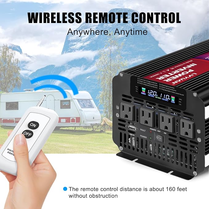 LVYUAN 3000 Watt Power Inverter 12V to 110V 120V DC to AC with 4 AC Outlets, LCD Display, USB Port & Remote Control for Home, RV, Vehicle, Truck, Off-Grid Solar System, Heavy Duty Outdoor Camping