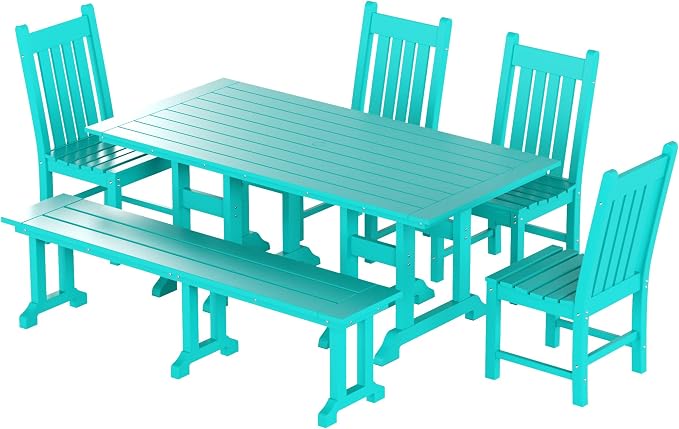 WO Home Furniture Adirondack Patio Dining Chair Table Bench Set of 6 PCS Rectangle Dinner Table Dining Armless Chairs (Turquoise)