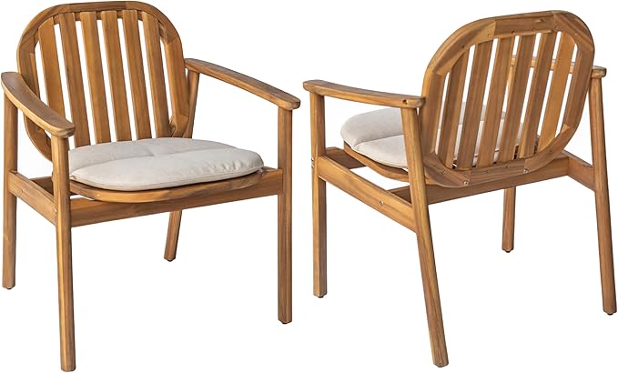Merax Patio Dining Chairs Set of 2, Acacia Wood Rustic Outdoor Dining Chairs with Upholstered Cushion & Backrest, Outside Armrest Patio Chair for Garden Balcony Backyard, Teak Finish