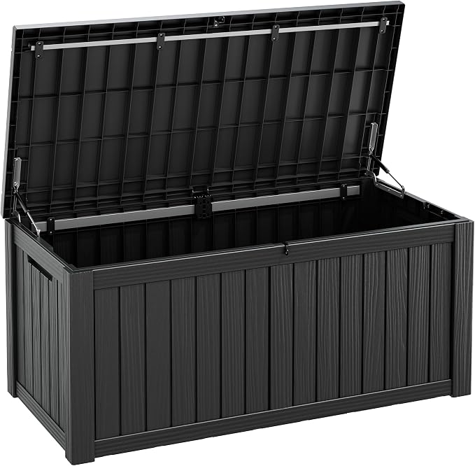 Fancyango 150 Gallon Outdoor Deck Box Waterproof, Large Storage Box for Patio, Resin Storage Bench Lockable for Garden Tools, Package Delivery, Black