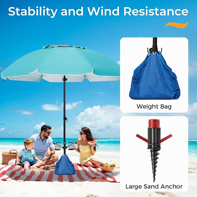 HOMEDEMO 8FT Large Beach Umbrella with Weight Bag & Sand Anchor, Outdoor Umbrellas with Adjustable Aluminum Pole and Table, Heavy Duty Windproof & UPF 50+