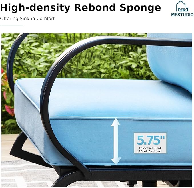 MFSTUDIO 6 Pieces Patio Furniture Sets with 45" Gas Fire Pit Table(Up to 7 Seat),Outdoor Metal Conversation Sofas with 1 x 3-Seat Sofa, 2 Swivel Chairs and 2 Ottoman,Blue Cushion