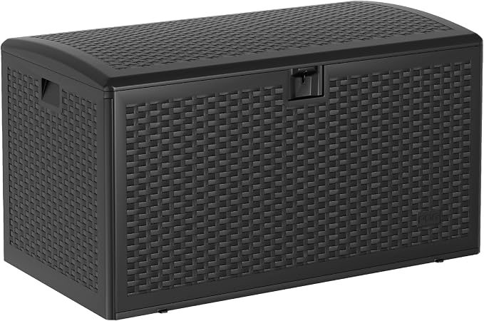 Takywep 99 Gallon Wicker Resin Deck Box with Handles, Lockable Storage Container for Patio Furniture Tools, Waterproof Deck Box with Hydraulic Rod Patio Storage Bin for Pool Garden, Black