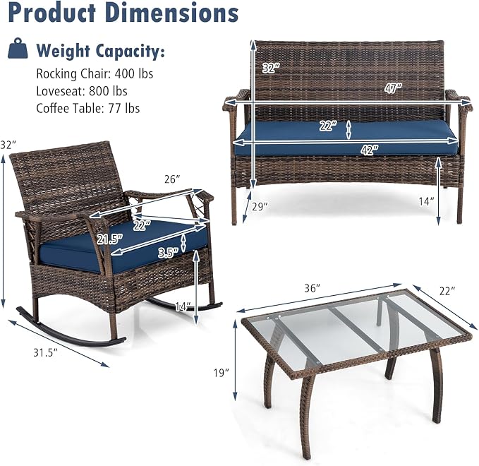Tangkula 4 Piece Wicker Rocking Set, 2 Patio Rattan Rocker Chairs w/Loveseat & Coffee Table, Heavy-Duty Metal Frame & Bungee Rope Seat, Cushioned Patio Rattan Rocker Set for Porch, Poolside (1, Navy)