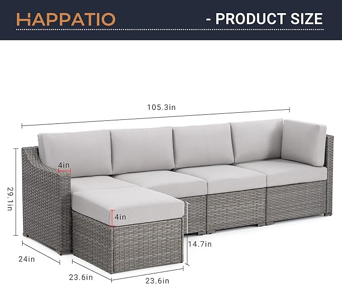 HAPPATIO 5 Piece Patio Conversation Set,All-Weather Patio Furniture Set,Outside Patio Furniture,4 Piece Outdoor sectional,PE Rattan Wicker Outdoor Sectional Sofa.(Grey/Beige)