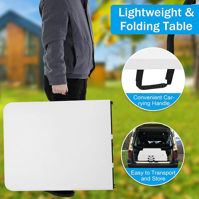 Portable Folding Table 6ft Heavy Duty Plastic Foldable Table with Carrying Handle Outdoor Indoor Plastic Dining Table for Camping and Party Picnic, White