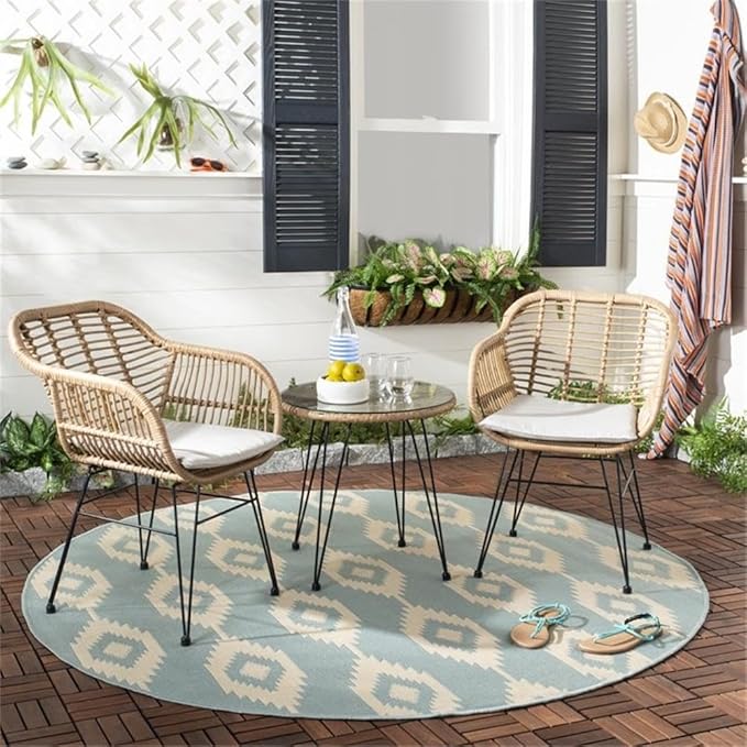SAFAVIEH Outdoor Collection Alton Light Brown Rattan/Beige Seat Cushion 3-Piece Patio Lounge Bistro Set with Table (PAT9004C)