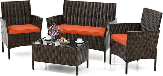 HAPPYGRILL 4 Pieces Outdoor Rattan Conversation Set, Patio Wicker Furniture Set with Loveseat Chairs & Tempered Glass Coffee Table, Outside Sectional Sofa Set for Backyard Garden Poolside, Orange