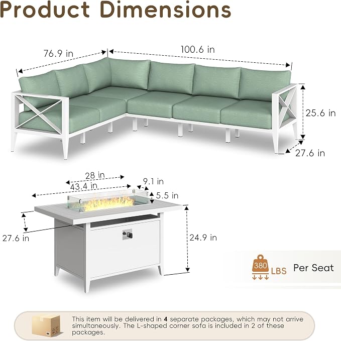 Outdoor Sectional Sofa Set with Fire Pit Table 6 Seat Patio Conversation Set Aluminum Patio Furniture for Backyard Deck Garden