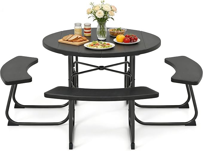 COSTWAY Round Picnic Table with Umbrella Hole, Outdoor Picnic Table with Bench Set for 4-8 People, HDPE Tabletop, Patio Dining Furniture Set for Family Gatherings, BBQ Party, Backyard (Black)