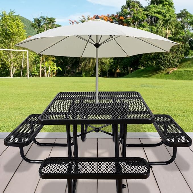 46" Square Metal Picnic Table for 4-8 Person, Durable Heavy Duty Commercial Picnic Table with Umbrella Hole for Outdoor Coffee Shop, School, Hospital, Easy to Install, Black